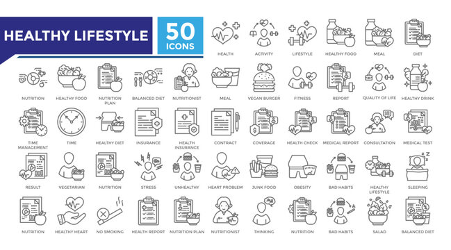 Healthy lifestyle lineal icon set collection. This set includes diet, nutrition plan, nutritionist, fitness, bad habits, salad and more icons in lineal style. Vector icons collection for infographics