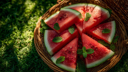 緑芝映えるピクニックスイカバスケット