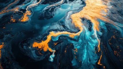 Abstract blend of blue, gold and black creating a dynamic and mesmerizing visual landscape