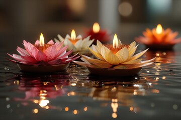 India celebrates Diwali, the festival of fire, as a holiday. Oil lights for diyas and lotus flowers. Generative Ai