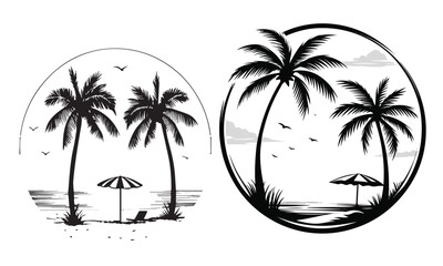 tropical beach retro poster palm trees mountains sunset vector