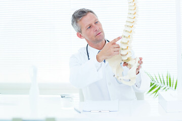 Male doctor wearing white coat with stethoscope holding and pointing at spine model at clinic