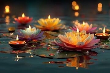 India celebrates Diwali, the festival of fire, as a holiday. Oil lights for diyas and lotus flowers. Generative Ai