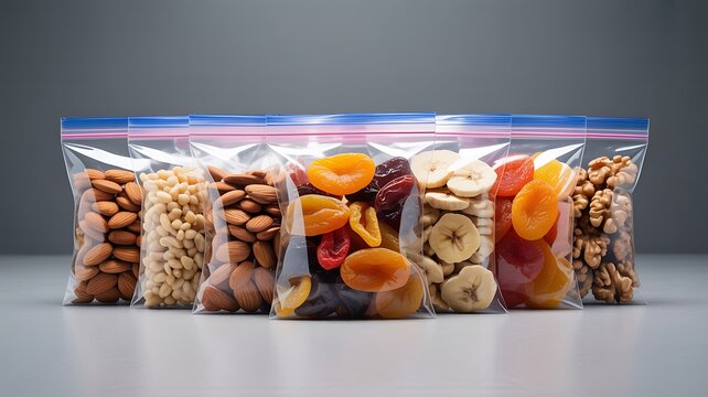 Assorted nuts and dried fruits assortment in clear plastic zip lock bags on a white surface