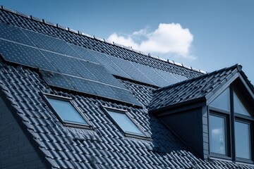 Integrated Solar Panels on Modern Dark Tiled Rooftop with Skylights