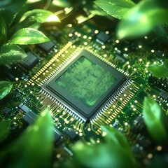Conceptual image of an eco-friendly microchip inside a green tech product