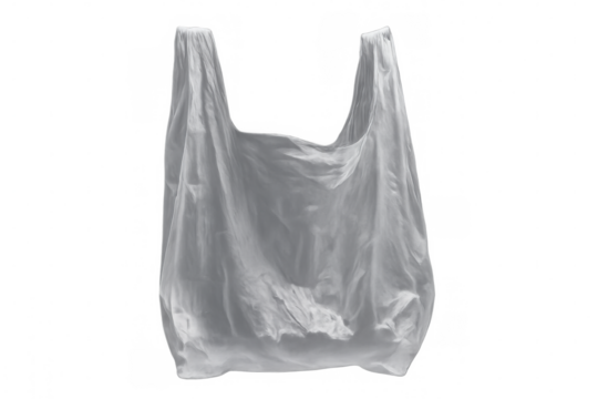 Lightweight white plastic bag drifting weightlessly, symbolizing environmental waste and pollution on clean transparent surface