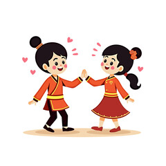 Fototapeta premium Cartoon Illustration of a Chinese Boy and Girl Celebrating Love and Friendship with a High Five