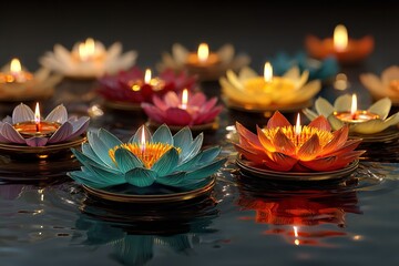 India celebrates Diwali, the festival of fire, as a holiday. Oil lights for diyas and lotus flowers. Generative Ai