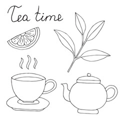 Tea time doodle set, hand drawing, vector illustration