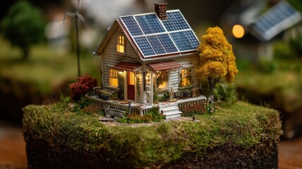 Miniature Eco-Friendly House Diorama with Solar Panels on Floating Island