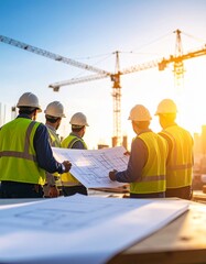 Construction site with engineers reviewing blueprints, cranes and building structures