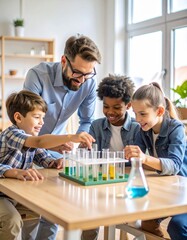 Teacher guiding children in a science experiment, educational project, diverse studen