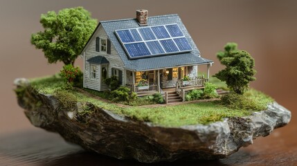 Miniature Eco-Friendly House Diorama with Solar Panels on Floating Island