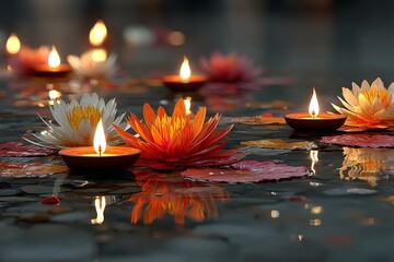 India celebrates Diwali, the festival of fire, as a holiday. Oil lights for diyas and lotus flowers. Generative Ai