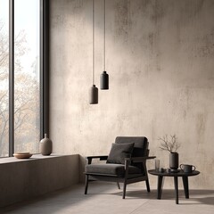 Fototapeta premium Minimalist interior scene featuring a dark armchair, small side table, pendant lights, and textured wall against a large window with autumnal view