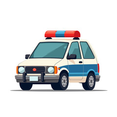 Fototapeta premium Cartoon Police Car Illustration with Blue and Red Lights, White Body and Blue Stripes, Isolated on White Background