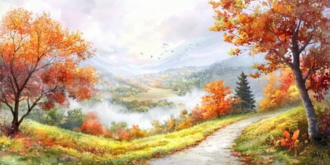 Fototapeta premium A serene autumn landscape with colorful trees, a winding path, misty hills, and birds flying under a soft, cloudy sky.