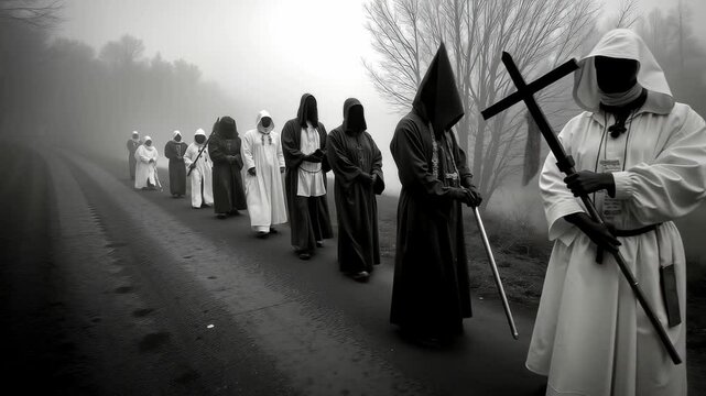 A group of people dressed in white robes walking down a road
