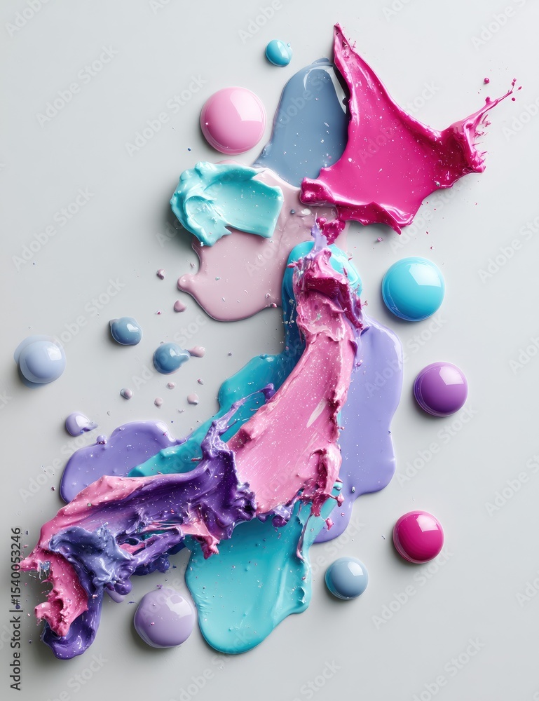 Poster dynamic pastel paint splashes and blobs, artfully arranged on a light gray background, showcasing vi