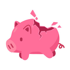 Broken Pink Piggy Bank Illustration Symbolizing Financial Loss or Savings Concept on White Background