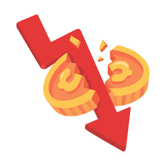 Red Arrow Crashing Through Coins Symbolizing Economic Downturn and Financial Crisis in Vector Illustration