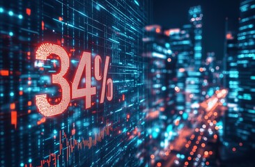 Fintech Night City Scene with Red Data Indicator
