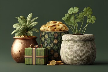 Ornamental components with clovers, a present box, and a pot of gold money against a green backdrop. Generative Ai