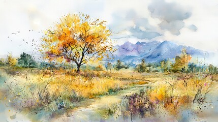 Fototapeta premium A vibrant watercolor landscape of autumn foliage with a winding path, golden trees, and distant mountains under a cloudy sky.