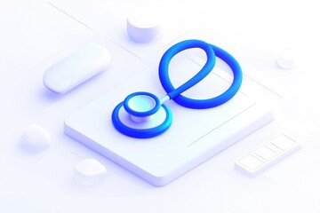 A vibrant blue stethoscope rests on a white digital tablet, surrounded by minimalist, white office supplies