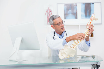 Middle-aged man doctor wearing lab coat examining spinal column model at glass-top desk in clinic