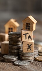 Concept of real estate tax with wooden houses and coins displayed