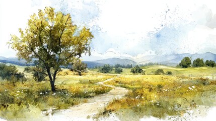 A watercolor landscape showing a serene dirt path winding through a golden field with a large tree and distant mountains under a partly cloudy sky.