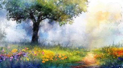 A vibrant watercolor painting of a tree beside a colorful wildflower meadow under a soft, misty sky.