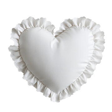 White heart shaped pillow with lace trim isolated on transparent background
