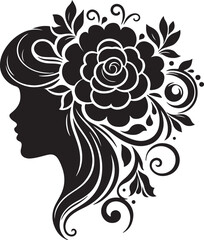 Elegant woman silhouette with floral hair arrangement – ideal for salon branding, feminine logos, nature-inspired art, and decorative vector projects.


