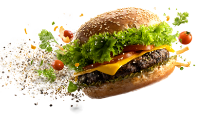 Delicious burger with flying falling ingredients isolated on a white background