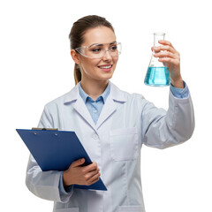 Female scientist holding flask and clipboard isolated on transparent background
