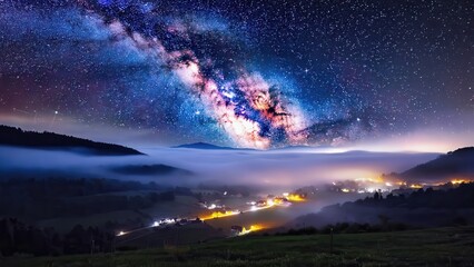 Fototapeta premium Milky Way over misty valley