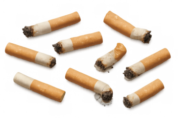 Different smoked cigarette butts isolated on transparent background, ideal for concepts related to smoking and health risks