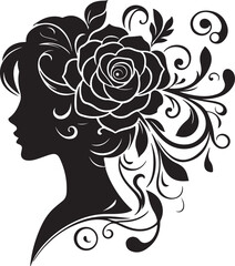 Elegant woman silhouette with floral hair arrangement – ideal for salon branding, feminine logos, nature-inspired art, and decorative vector projects.


