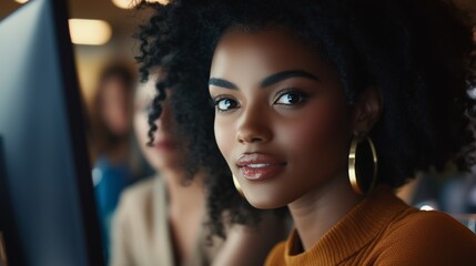 Obraz premium Young woman with curly hair engaged in conversation at a busy cafe during the afternoon