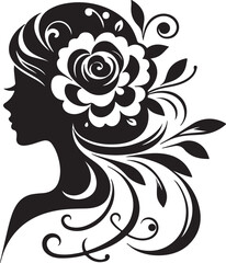 Elegant woman silhouette with floral hair arrangement – ideal for salon branding, feminine logos, nature-inspired art, and decorative vector projects.

