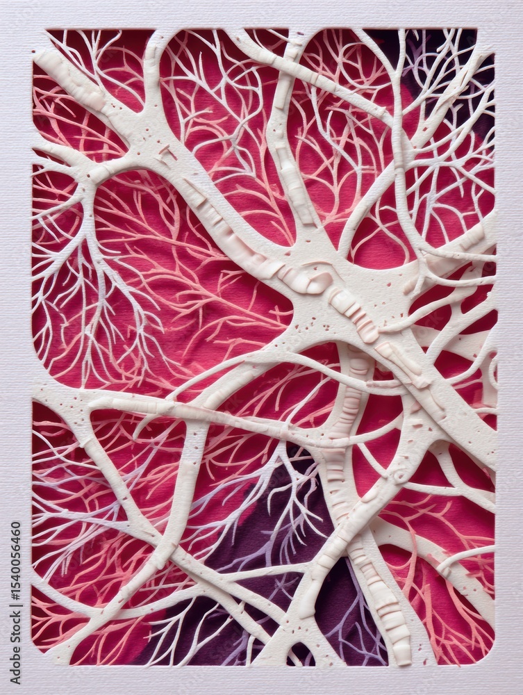 Poster Intricate Layers of Paper-Cut Nerves Intertwine in Abstract Patterns With Vibrant Pink and Purple Backgrounds