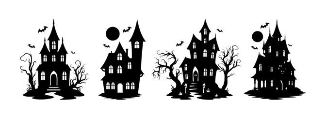 Set of haunted house silhouettes with bats, creepy trees, and spooky elements. Ideal for Halloween themed designs, invitations, and decorations.