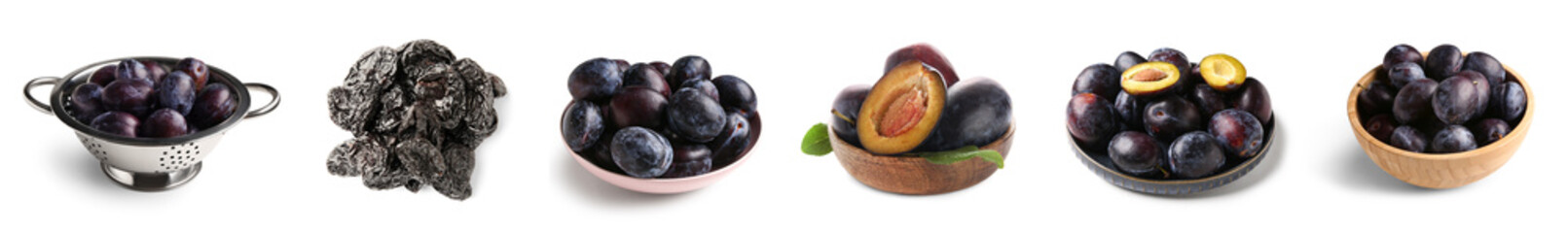 Set of many sweet plums on white background