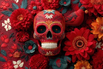 A vibrant red background with traditional papel pocado flowers used to decorate on the Day of the Dead. Generative Ai
