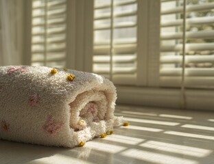 A cream-colored, floral-embroidered towel rolled on a sunlit surface near white window shutters