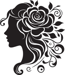 Elegant woman silhouette with floral hair arrangement – ideal for salon branding, feminine logos, nature-inspired art, and decorative vector projects.

