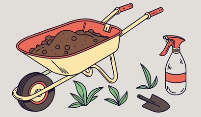 A colorful wheelbarrow    sits ready for planting, filled with rich soil alongside a shovel and eco-friendly spray, highlighting a joyful gardening experience in a sunlit garden